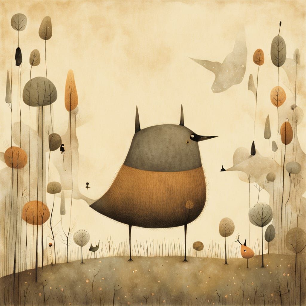 Playful Wanderer in Quirky Primitivism Style