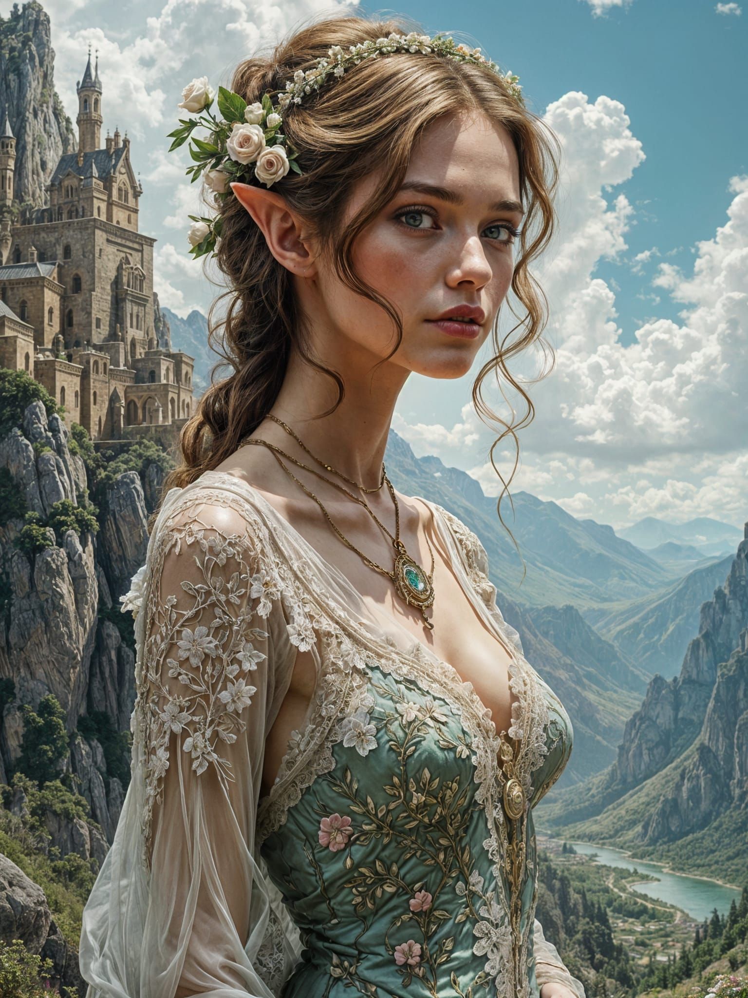 Elf Woman in Lace Dress in Ancient City