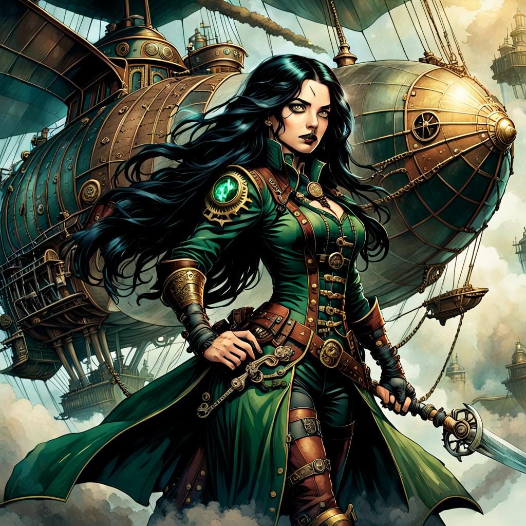 Steampunk Woman with Scimitar in Comic Book Art
