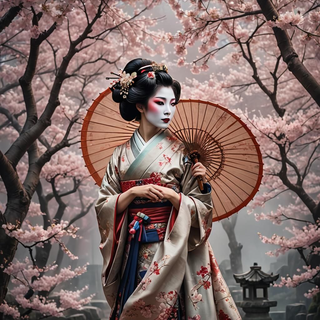 Geisha Under Cherry Blossoms: Fantasy Art