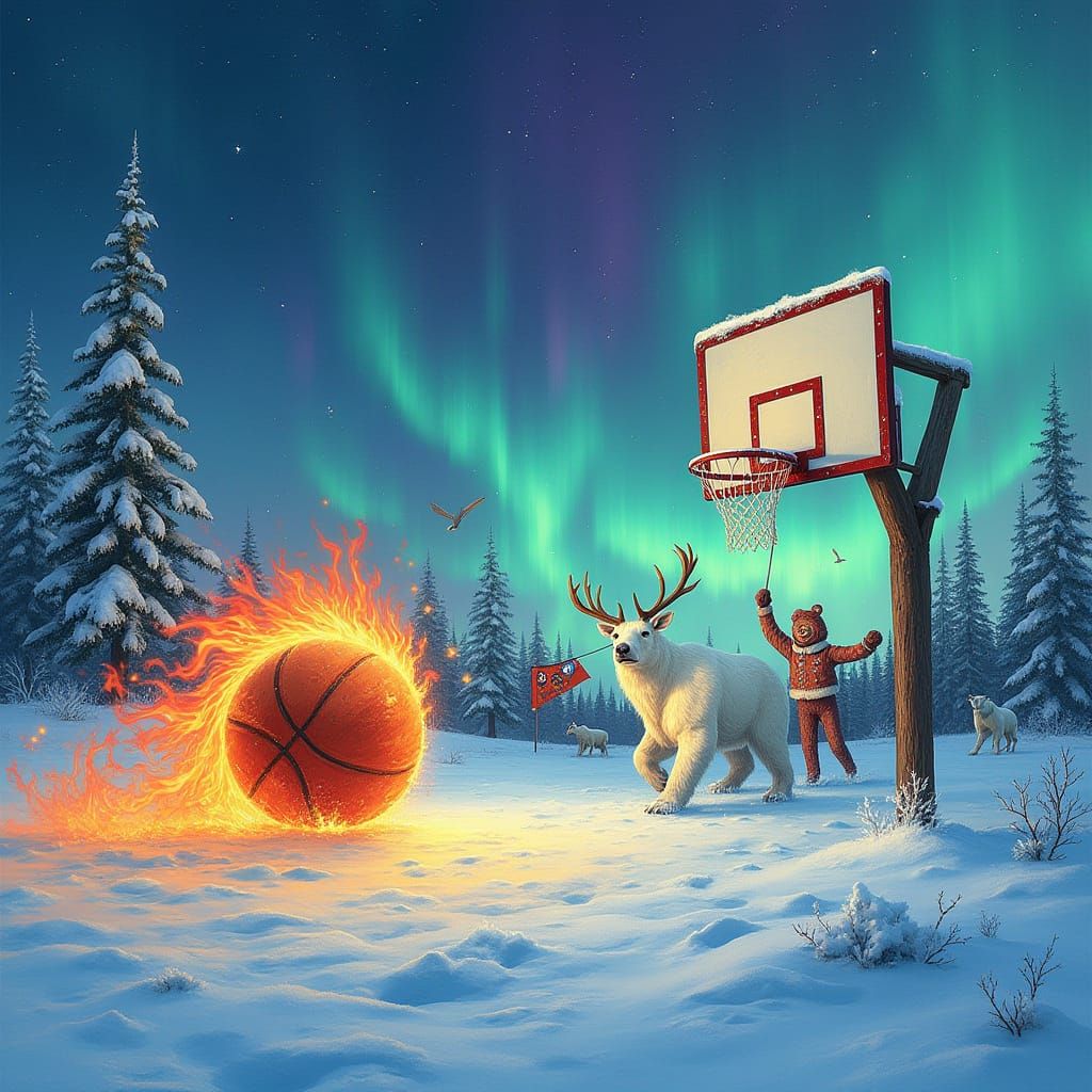 Basketball Flaming Across the Tundra in Fantasy Art Style