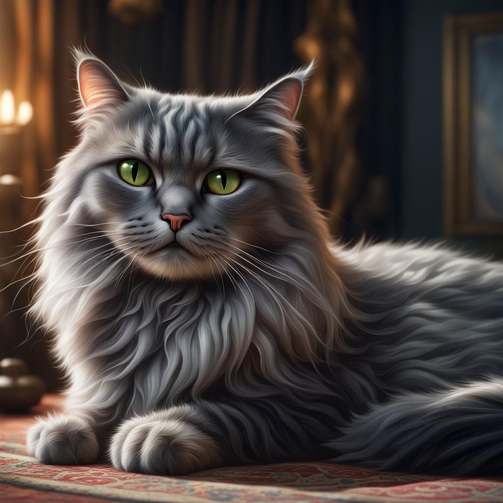 Grumpy Grey Cat in Photorealistic Digital Painting