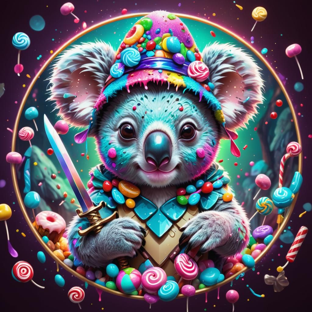 Whimsical Koala Warrior in Fantasy Candyland, Digital Art
