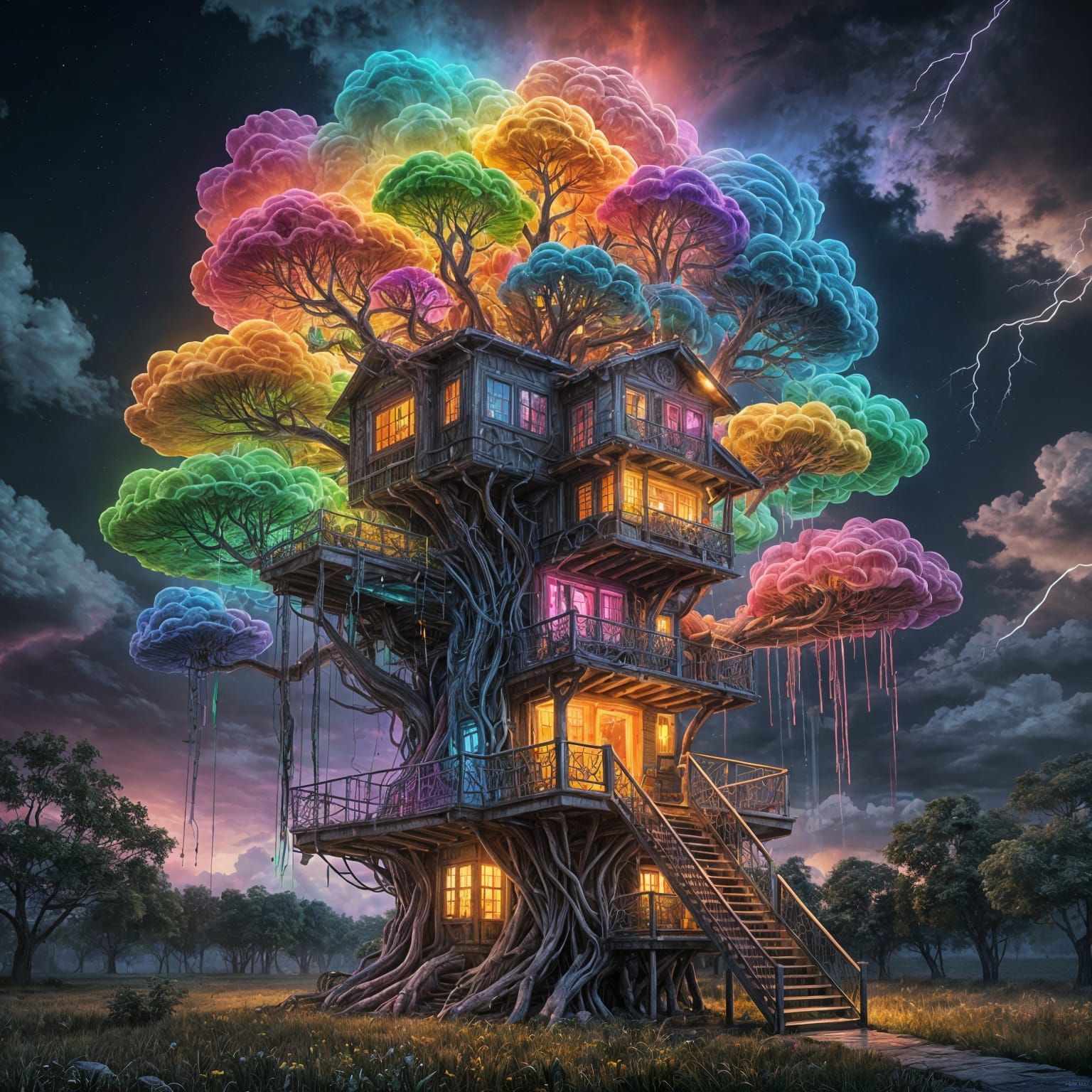 Sad Rainbow Treehouse in Whimsical 3D Neon Style