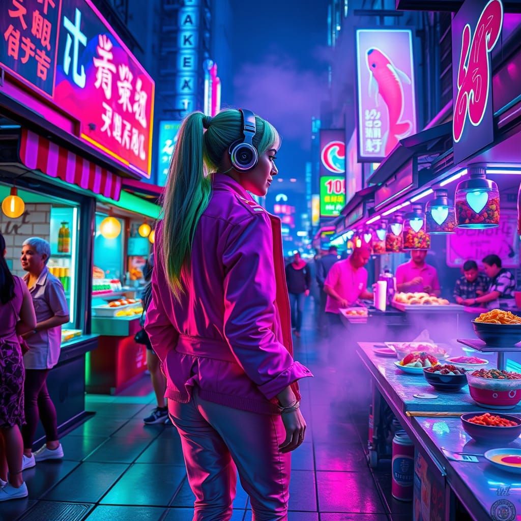 Cyberpunk Street Food Market in Neon City