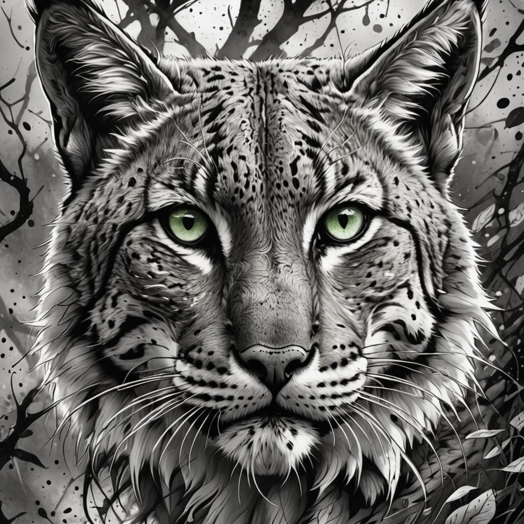 Grayscale Bobcat with Pen and Ink Details