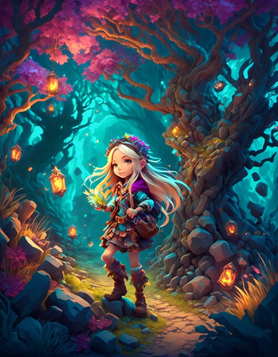 Chibi Girl Explores Forest in Isometric View