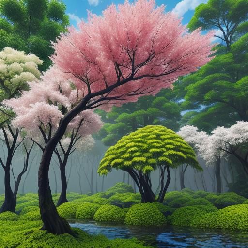 Psychedelic Rainforest with Scarred Trees in Vivid Colors