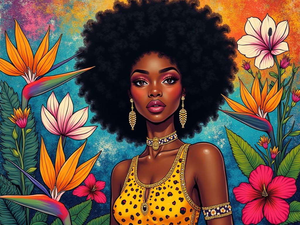 Vibrant Black Woman Surrounded by Exotic Flowers in Pop Art...