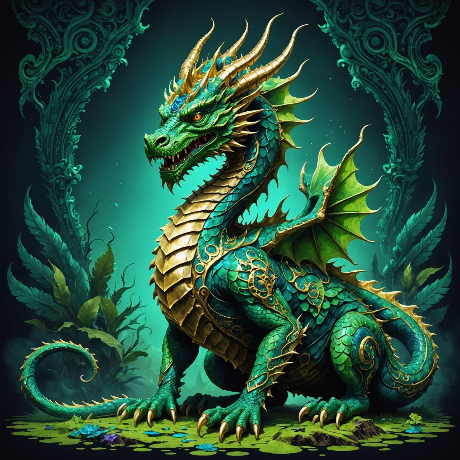 Majestic Green Thai-Cambodian Dragon in Cosmic Glitch Art
