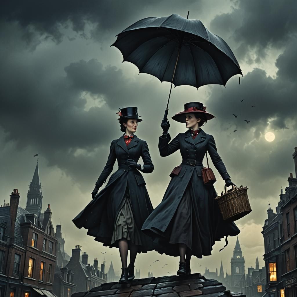 Dark Fantasy Mary Poppins Descends from Ominous Sky