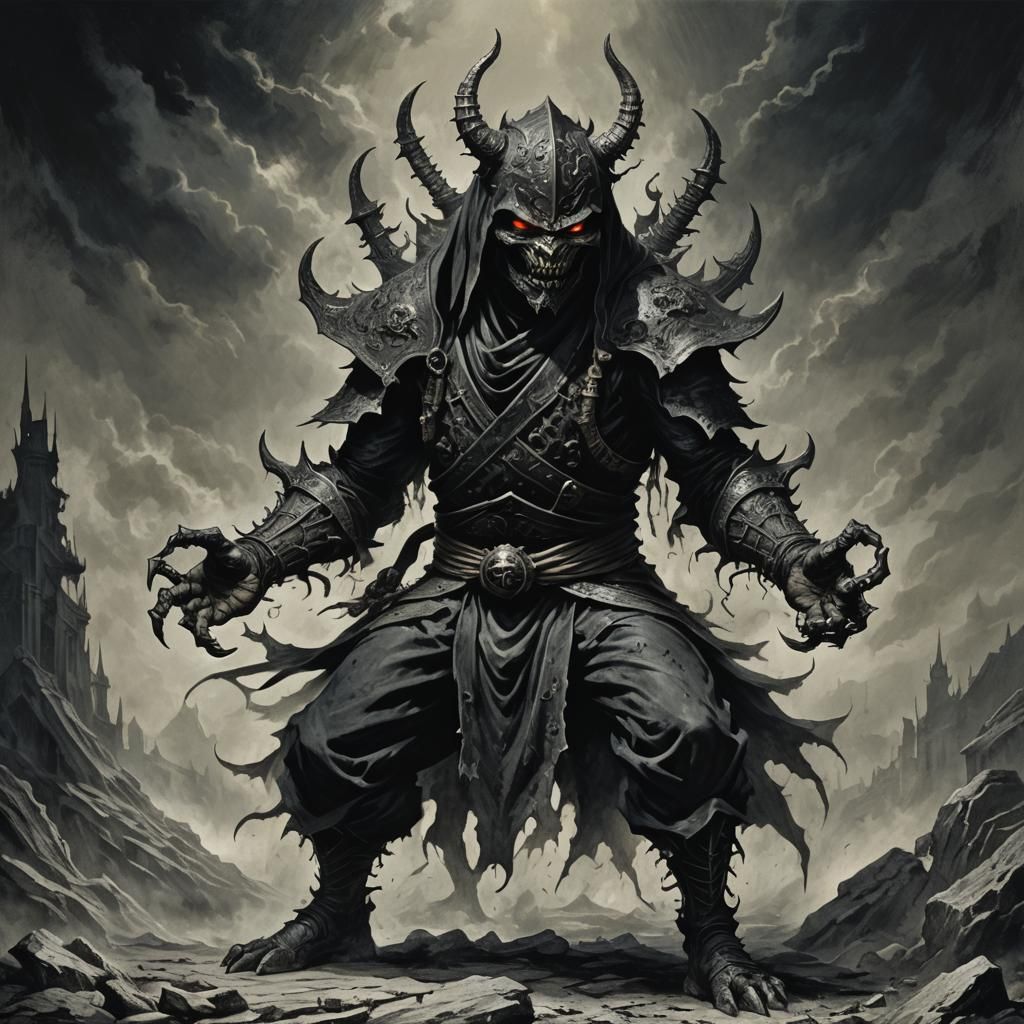 Four-Armed Metal Ninja Demon in Dark Horror Style