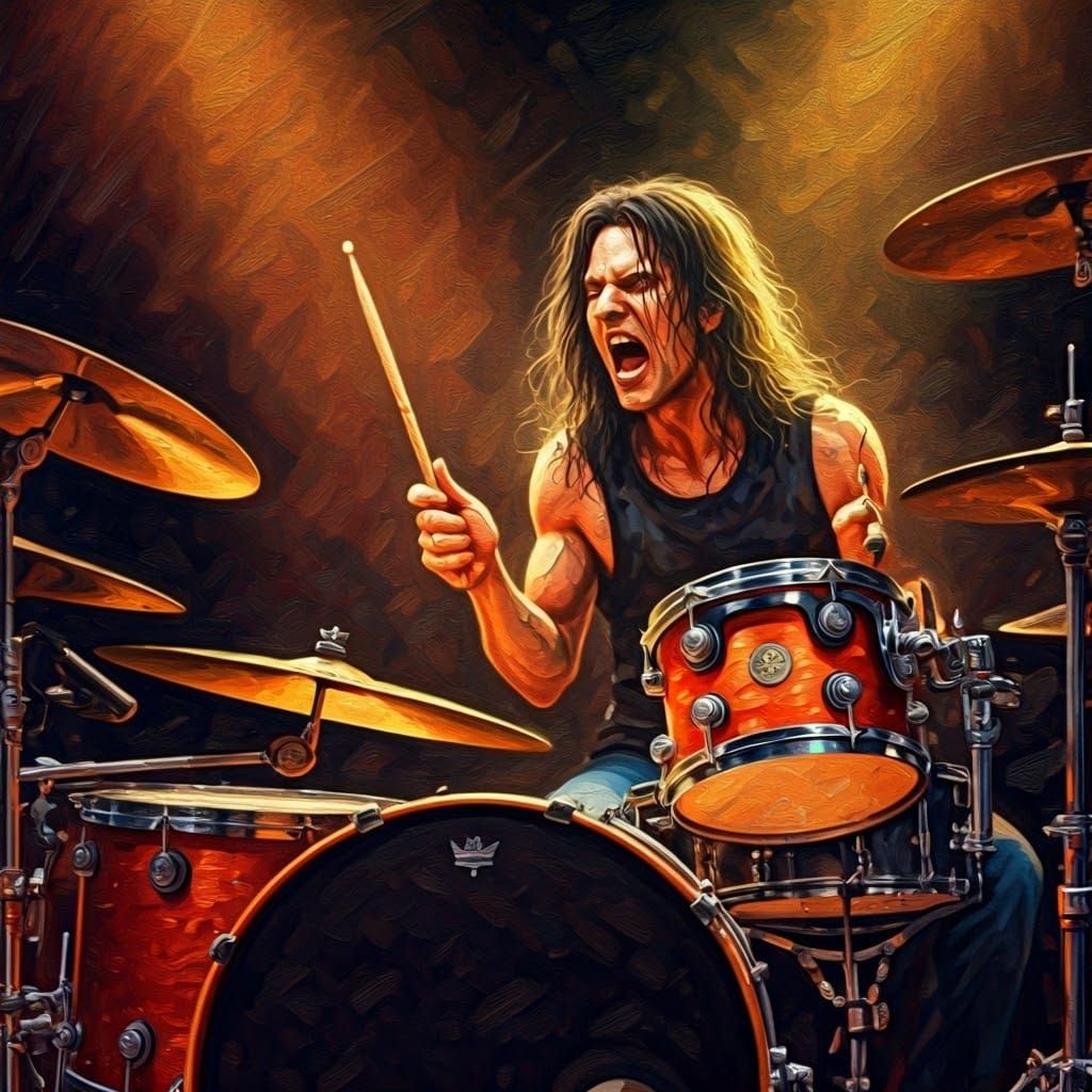 Frenzied Rock Drummer in Dynamic Movement