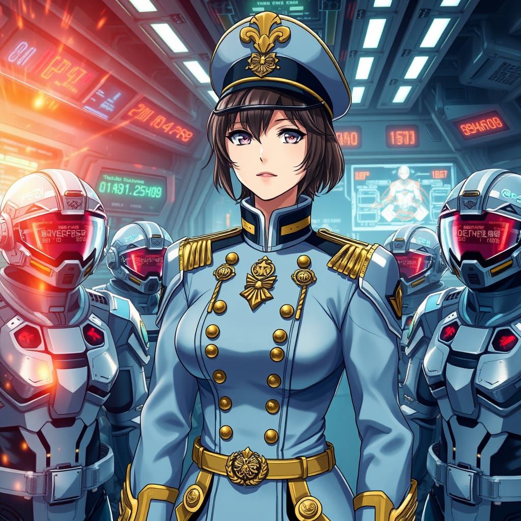 Confident Commander Leads Space Battle in Anime-Style Drawin...