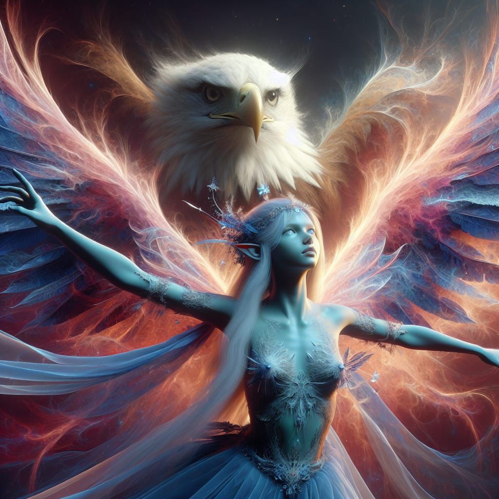 Ethereal Fairy Soars with Eagle Companion in Vibrant Fantasy...