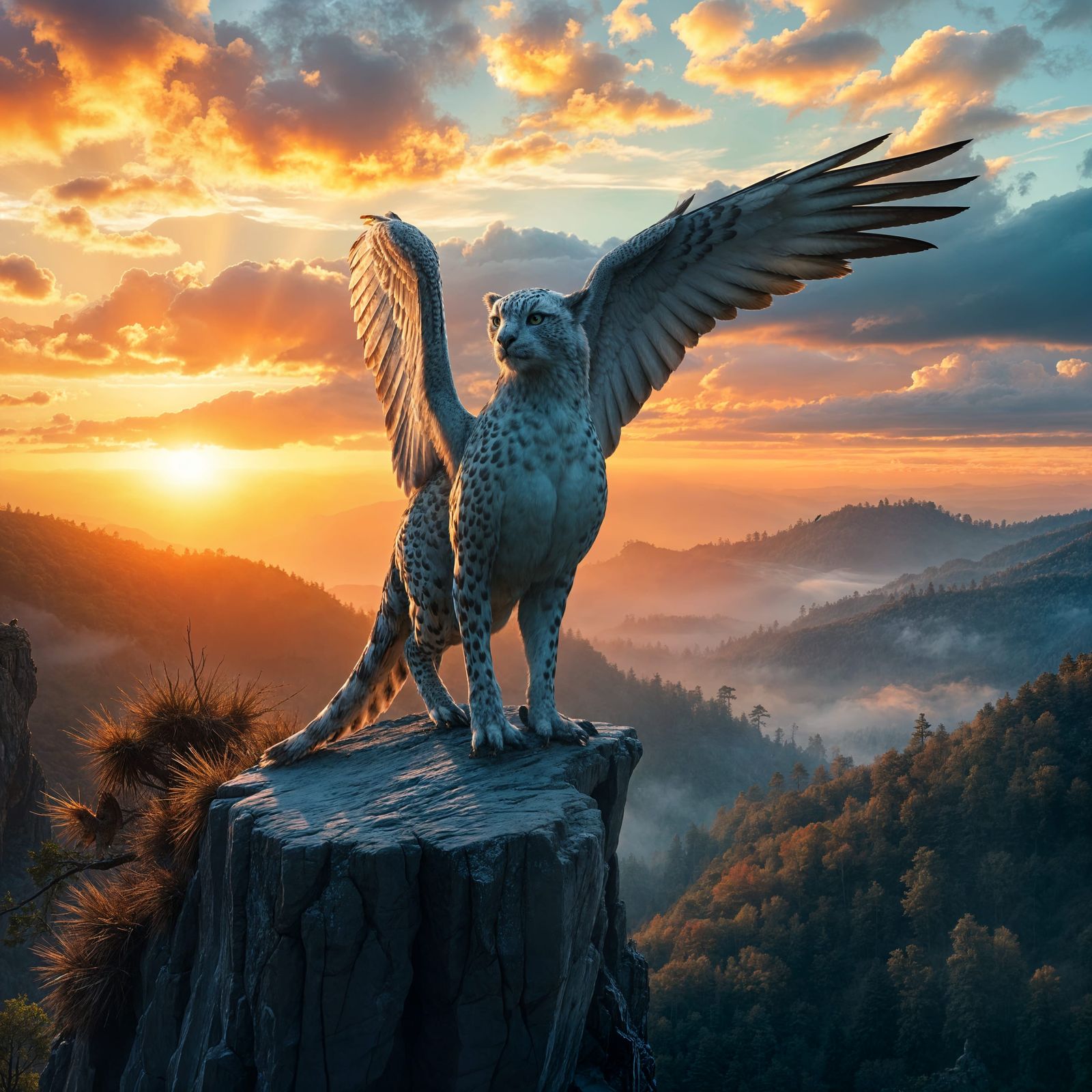 Majestic Gryphon on Cliff's Edge, Sunset Vista