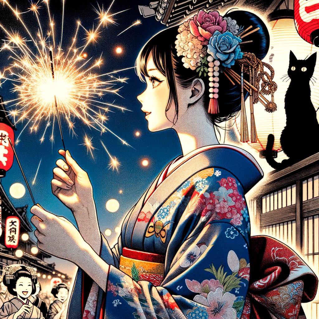 Kimono Woman with Sparkler in Manga Style