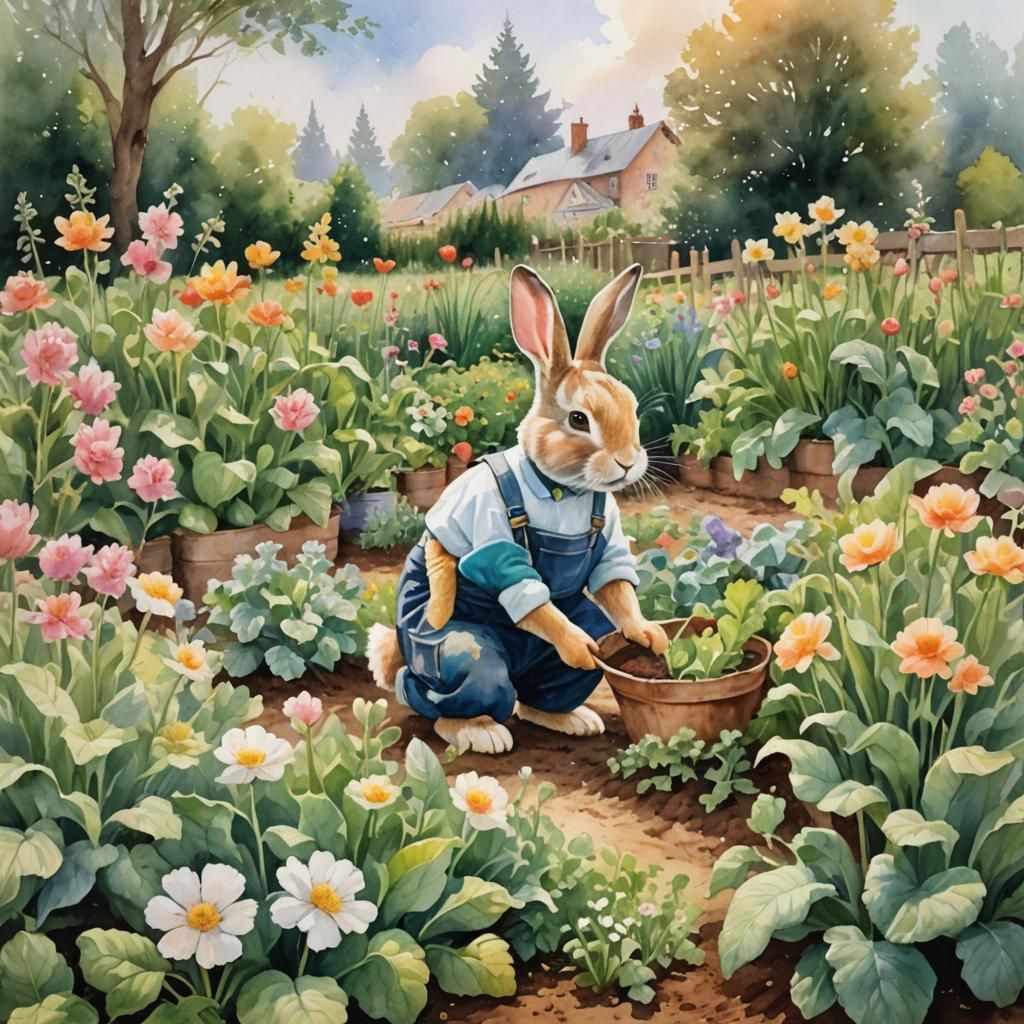 Rabbit Gardener in Overalls: Watercolor Dutch Master