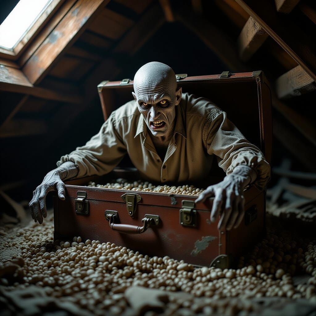 Gaunt Figure Escaping Trunk in Dimly Lit Attic