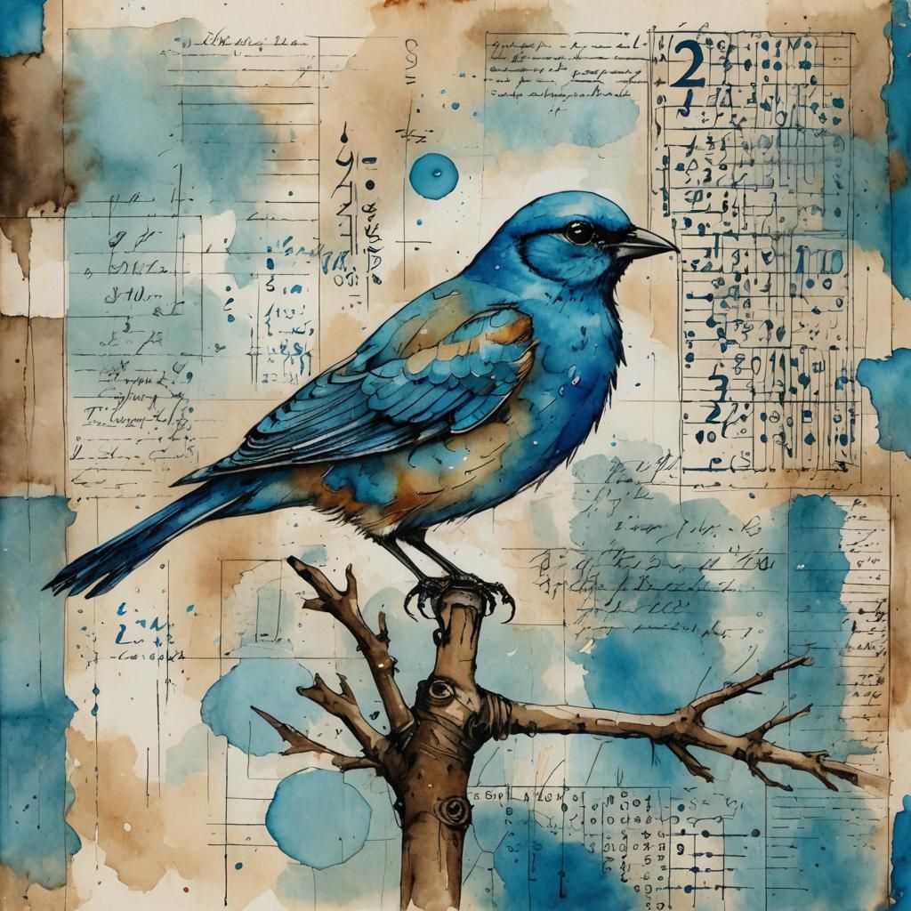Blue Bird on Vintage Ledger in Watercolor Style