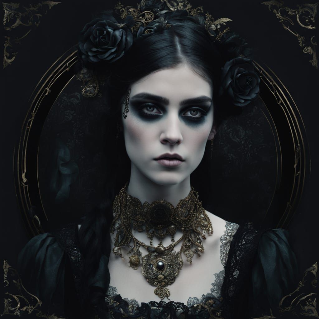 In an ornate Gilded frame, a portrait of modern day Goth gir...
