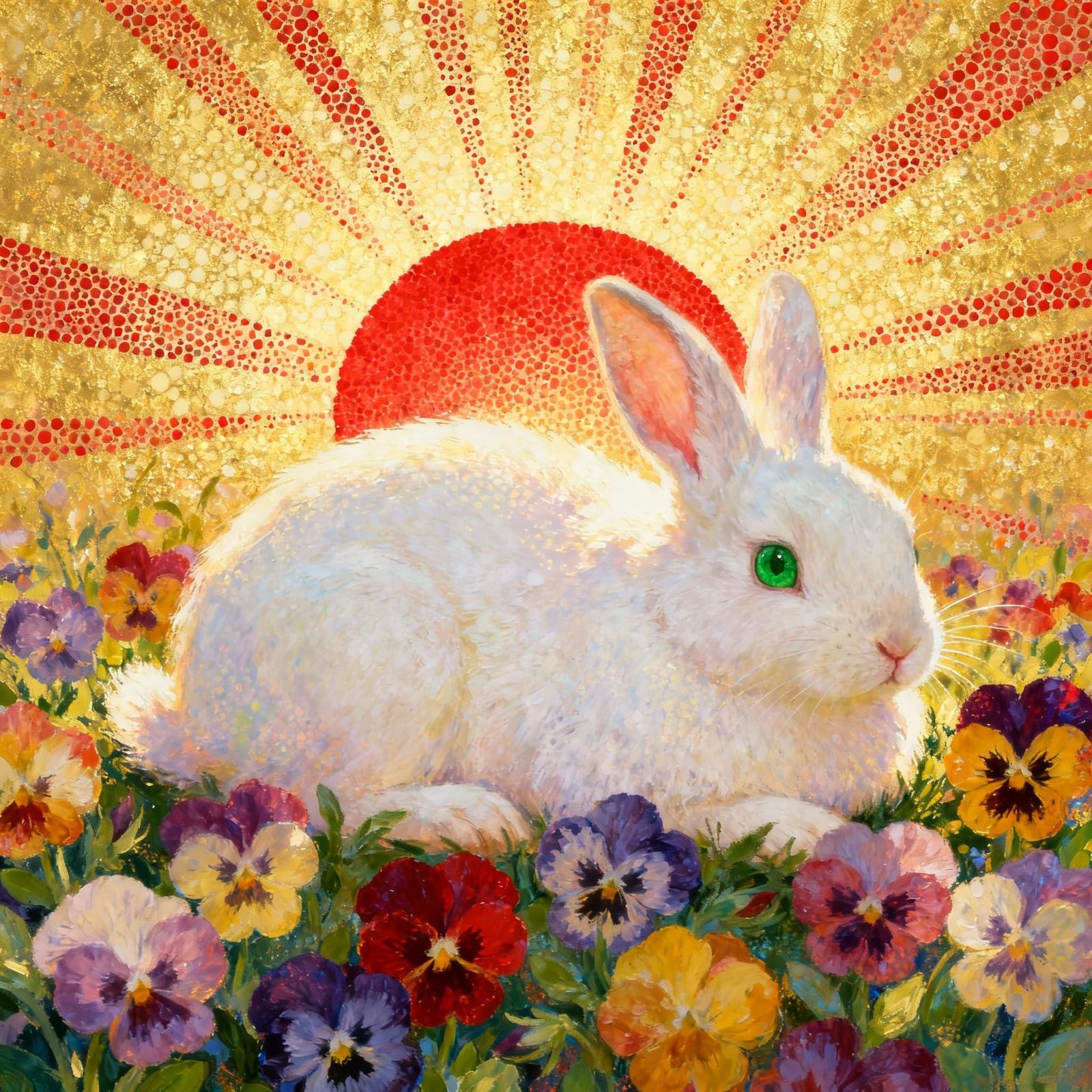 White Rabbit Amidst Colorful Pansies in Sunlight