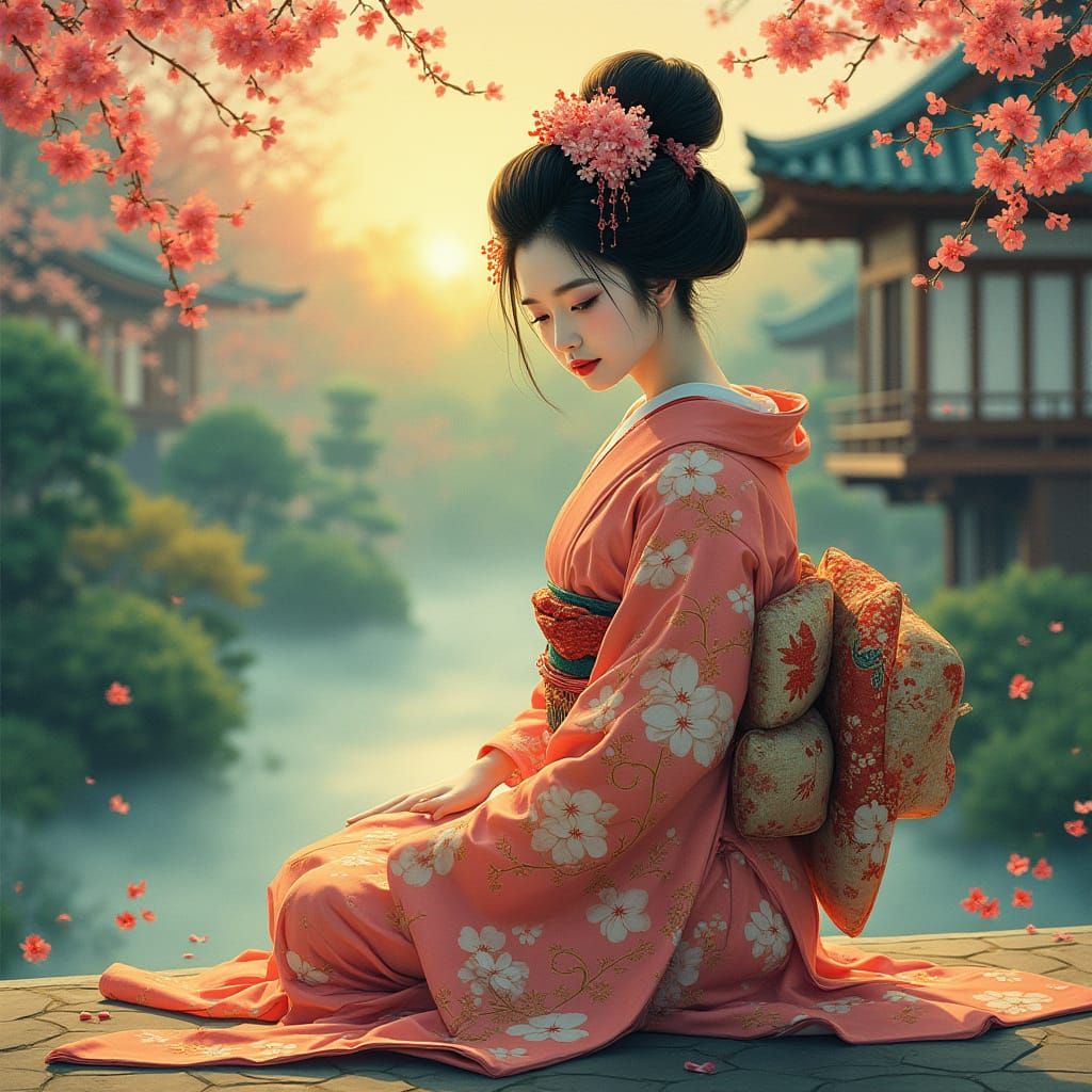 A Geisha in Serene Japanese Tea House Garden