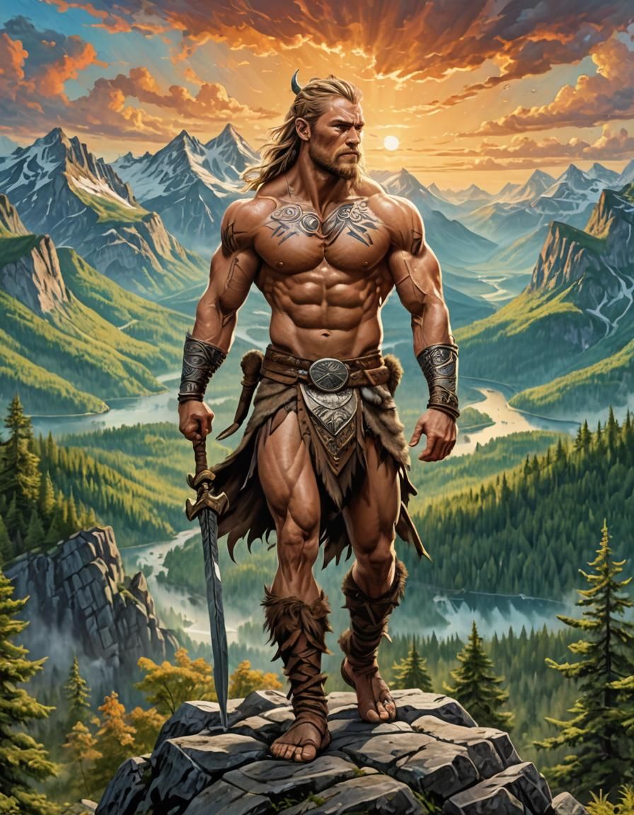 Norse Warrior Triumphing in Wilderness: Frazetta-Inspired Ar...