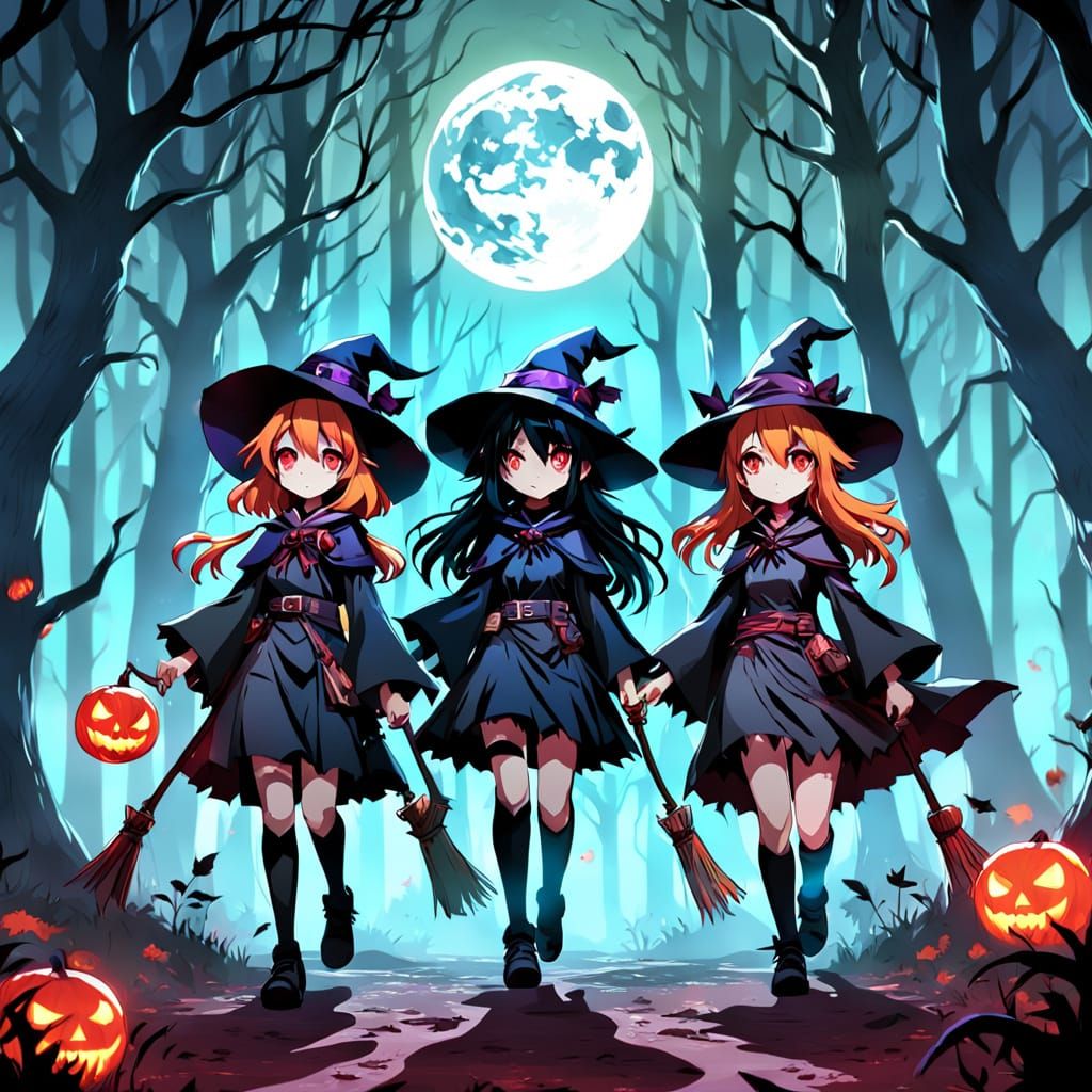 Cute Anime Witches in Spooky Forest Under Blood Moon