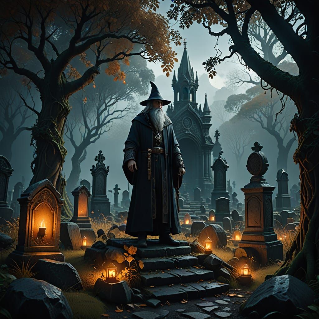Mystical Wizard in Ancient Cemetery