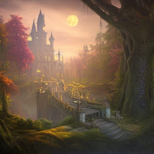 Majestic Castle with Winding Steps in Moonlight