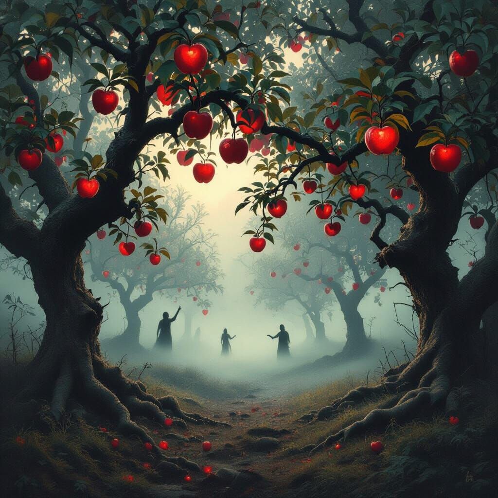 Ethereal Autumn Orchard in Cinematic Horror