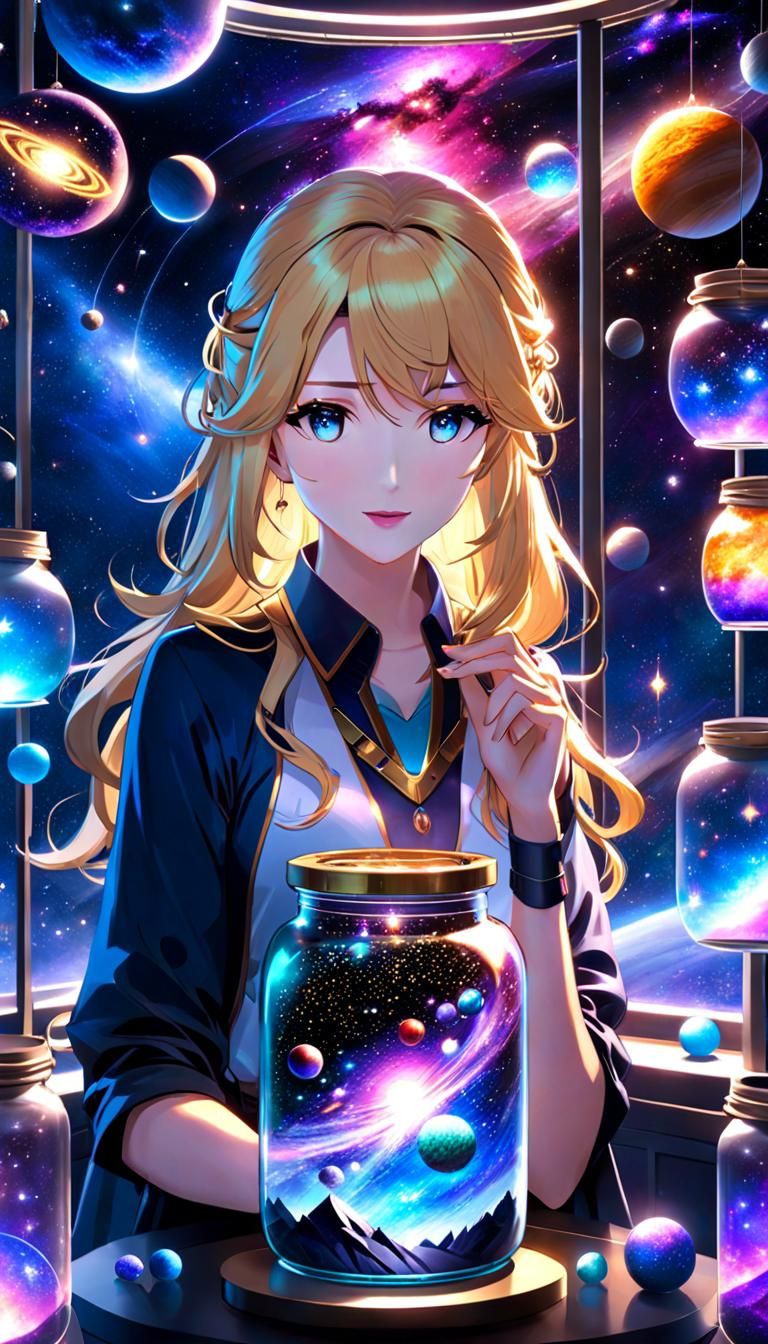 Girl Holds Universe in Jar: 3D Anime Art