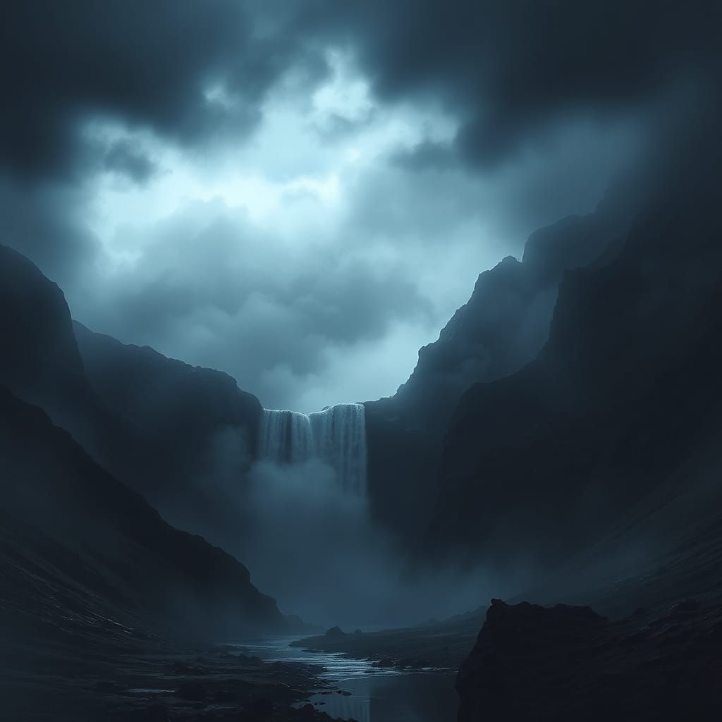 Ominous Waterfall Landscape with Cinematic Lighting