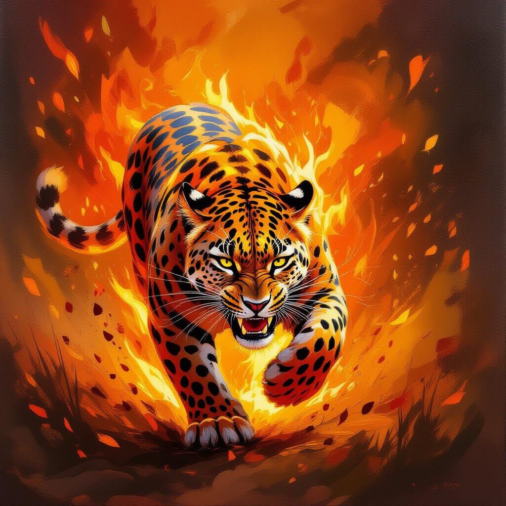 Fiery Leopard Pouncing in Dramatic Impasto Painting
