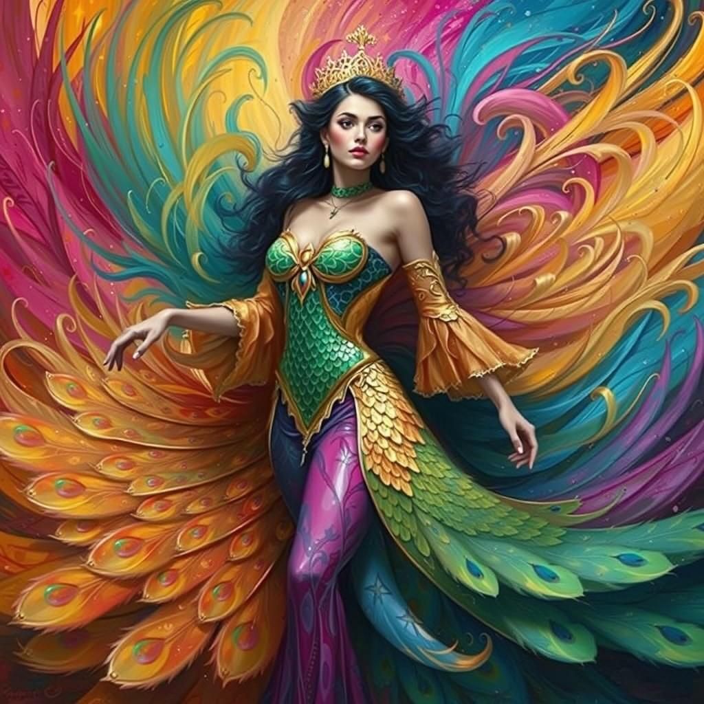 Dragon Peacock Woman in Fauvist Fantasy Landscape