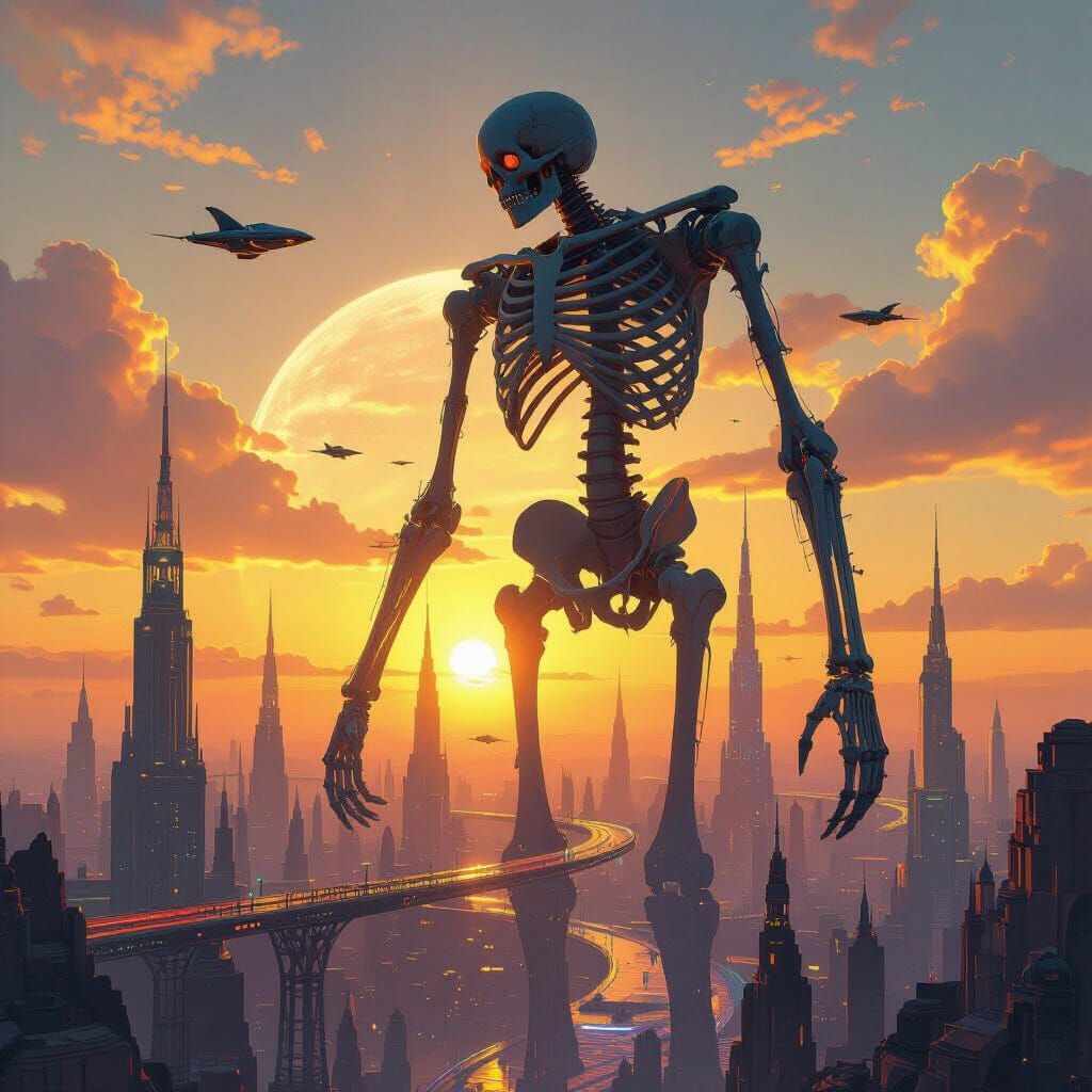 Celestial Skeleton Cityscape at Binary Sunset
