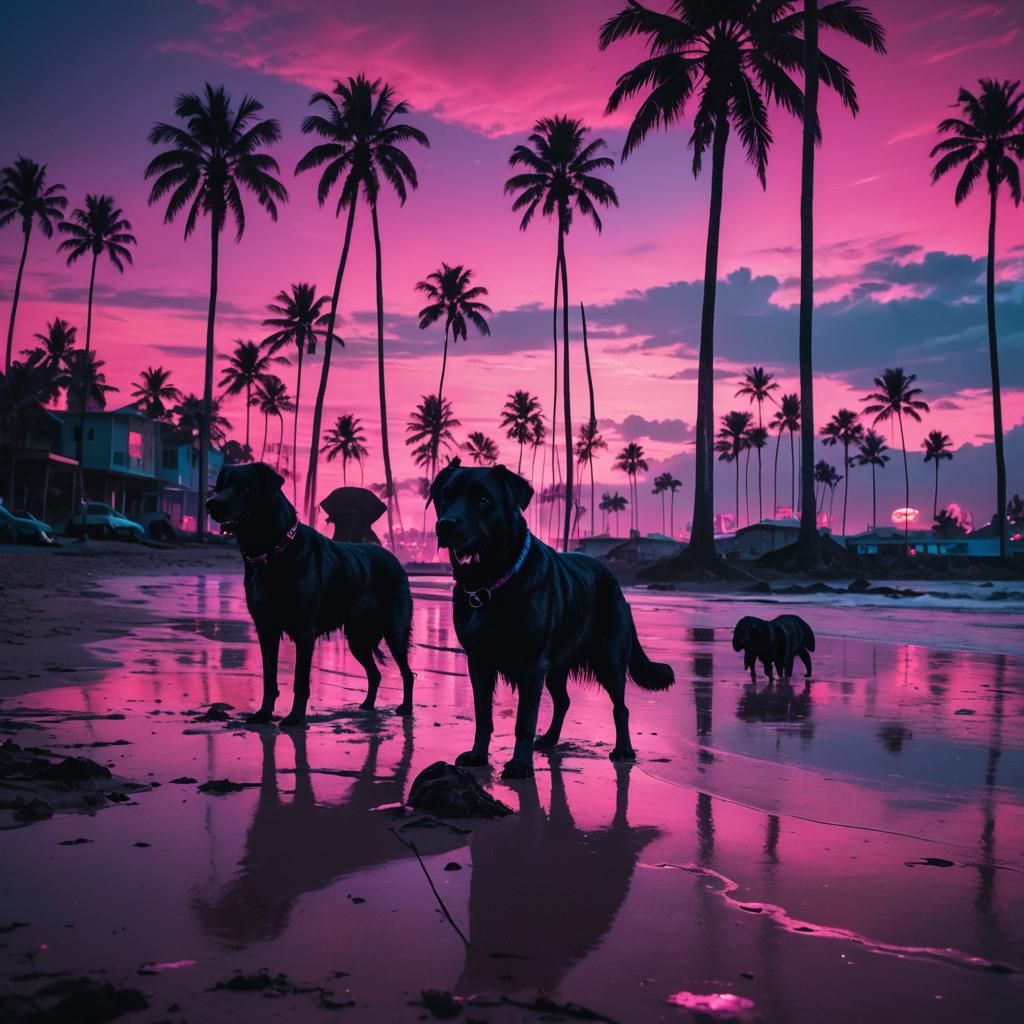 Neon Dogs Roam Beach in Synthwave Retro Style