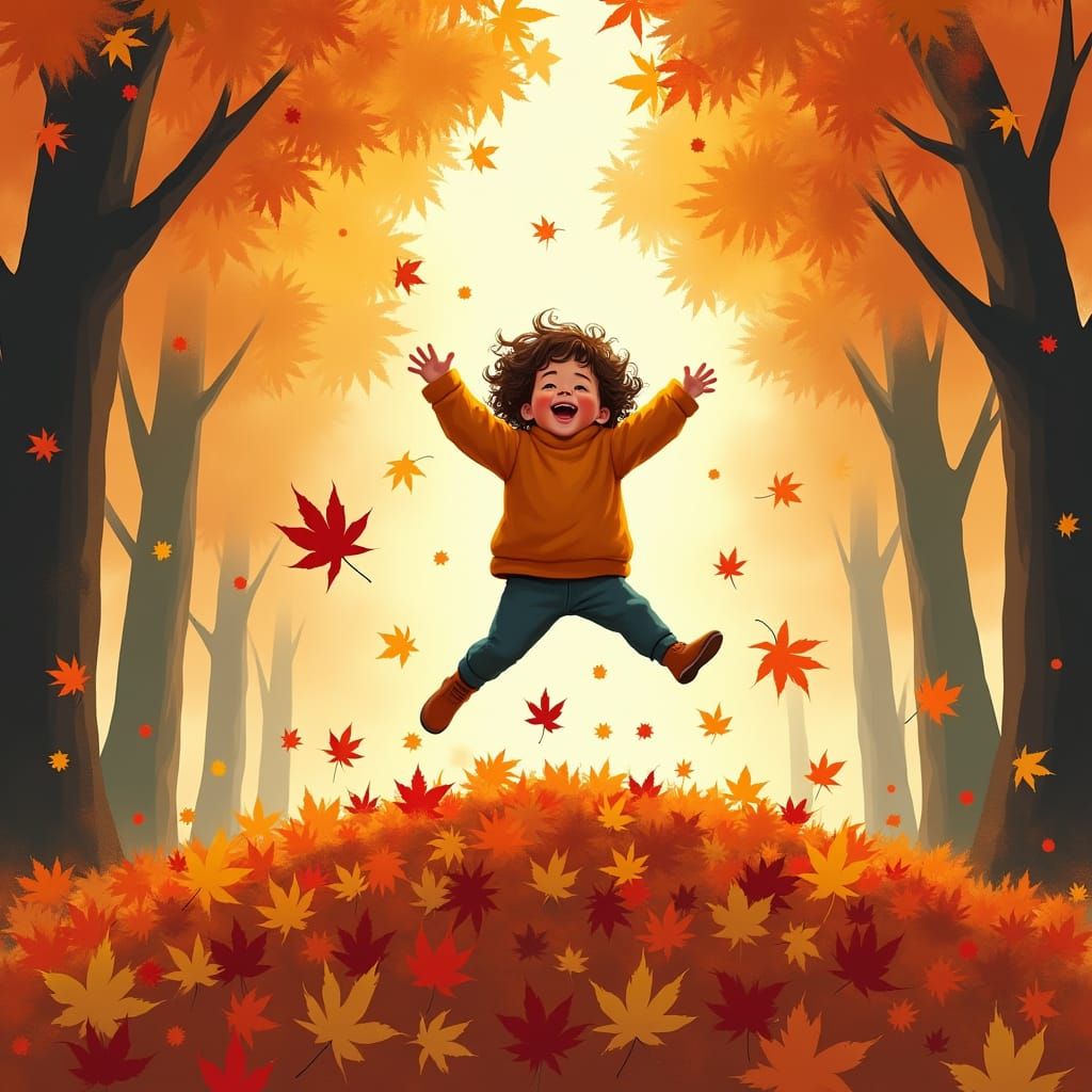 Child Leaping into Autumn Leaves in Digital Illustration
