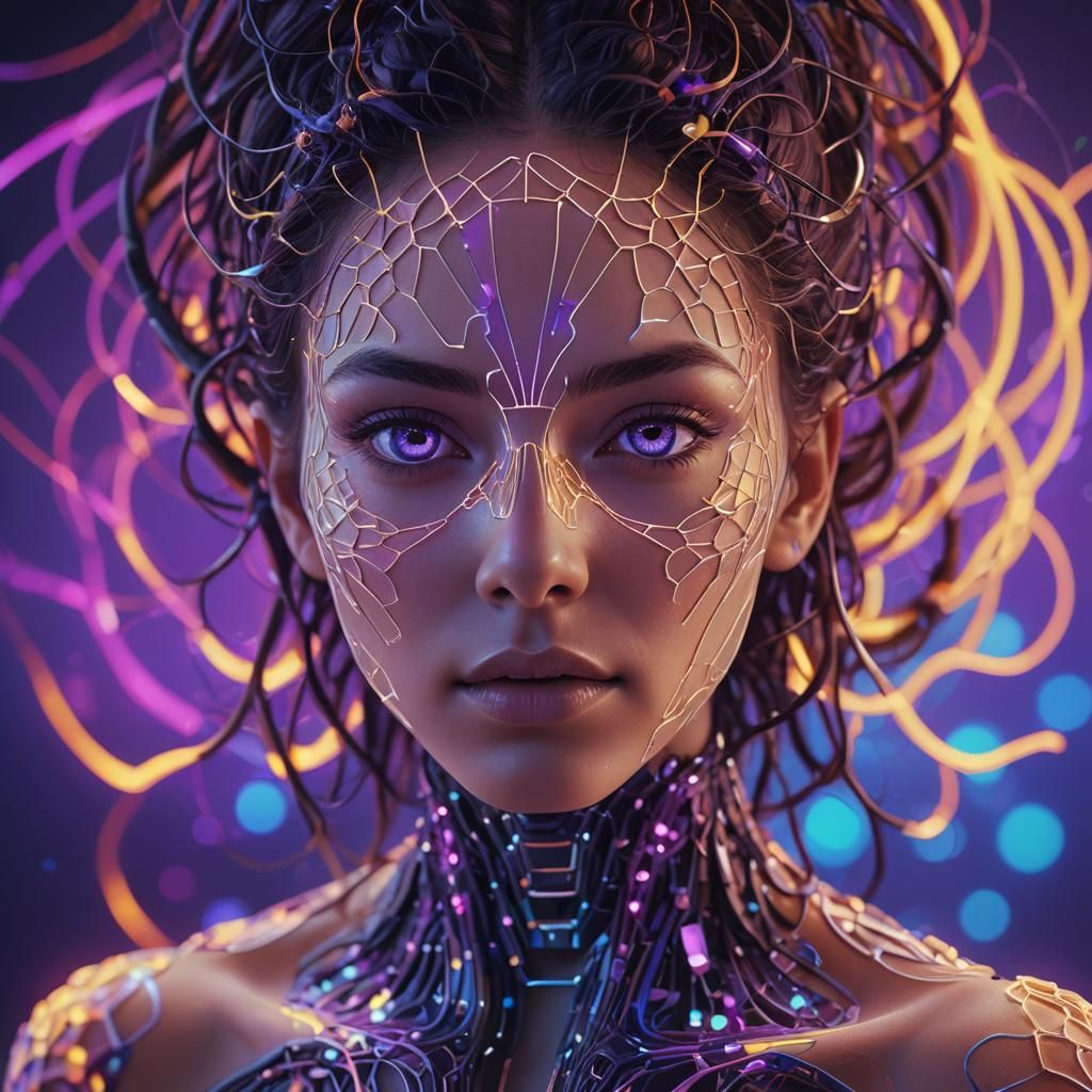 Neon-Lit AI Being Portrait in Futuristic Digital Art