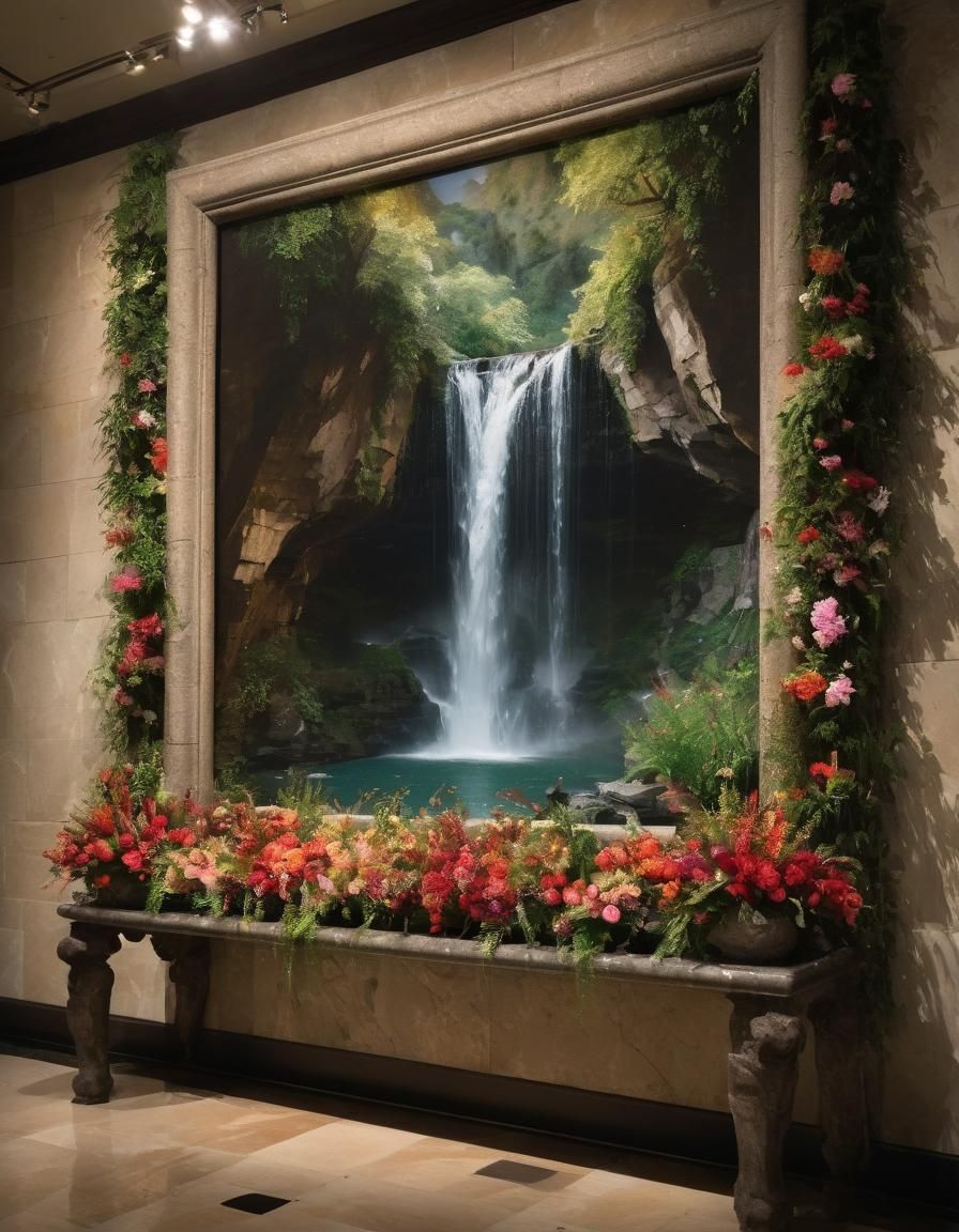 Waterfall in Museum, Blending Realism and Romanticism