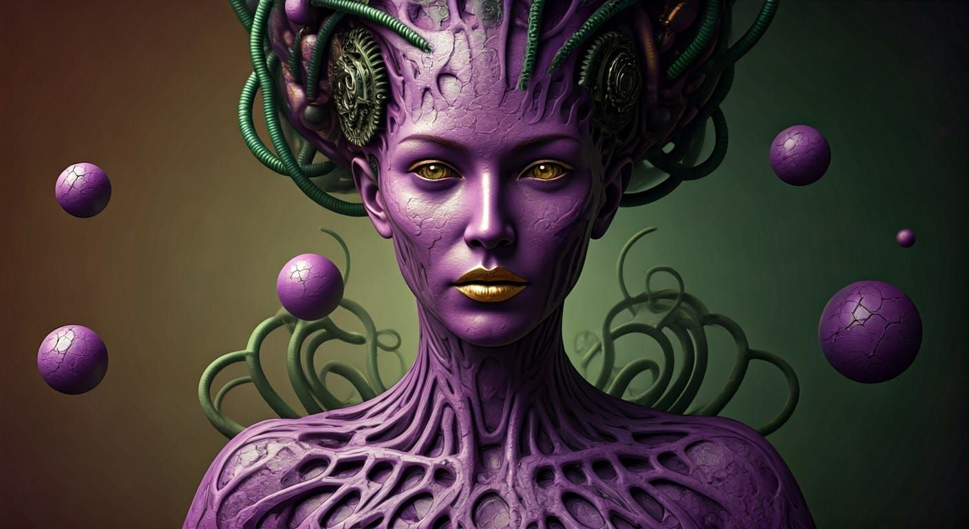 Surreal Purple Goddess in Biomechanical Bloom