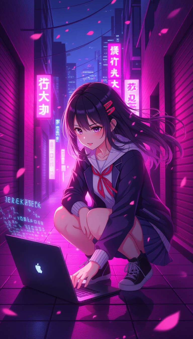 Cyberpunk Hacker with Cherry Blossom Hair