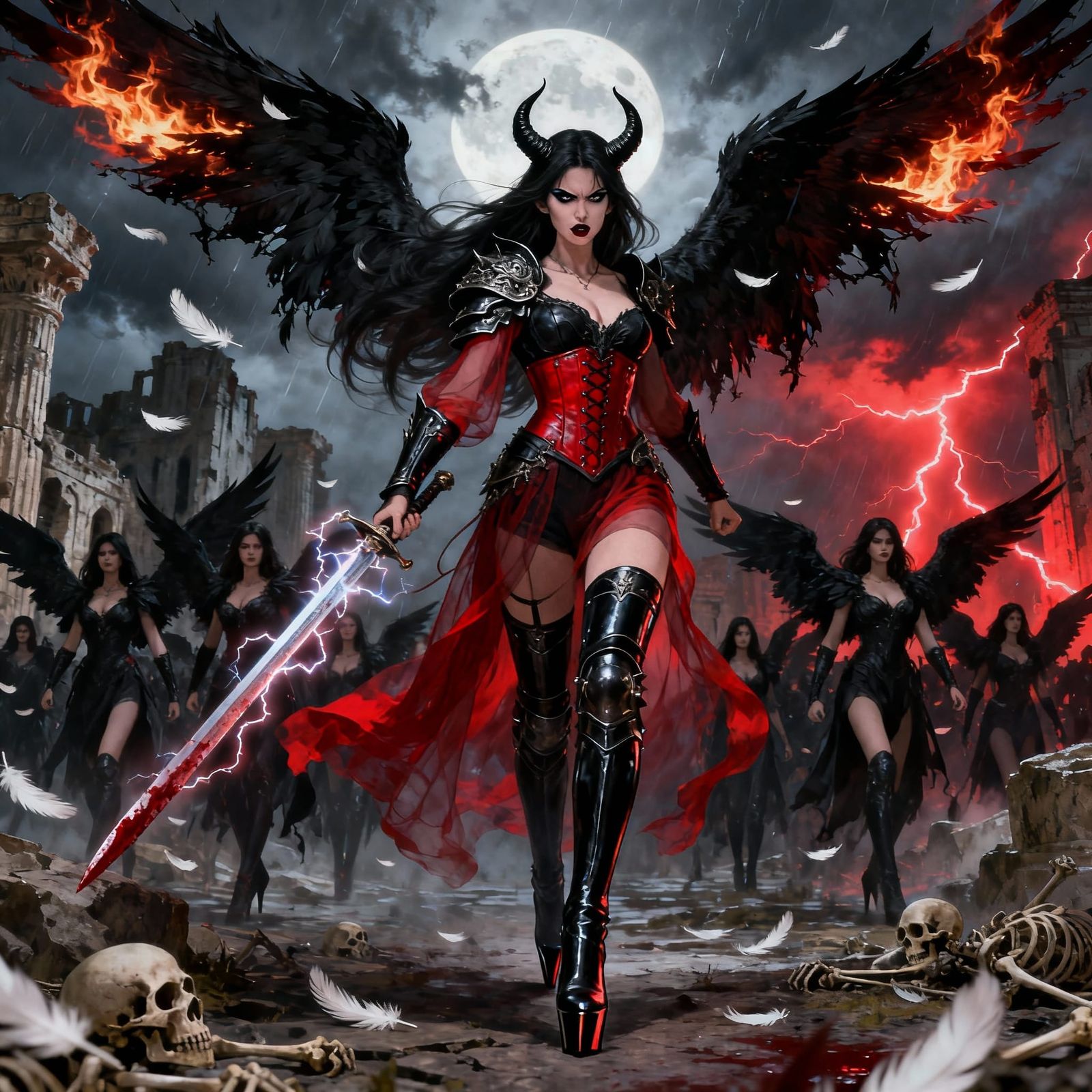 Goddess of Fury Leading Fallen Angels in Stormy City