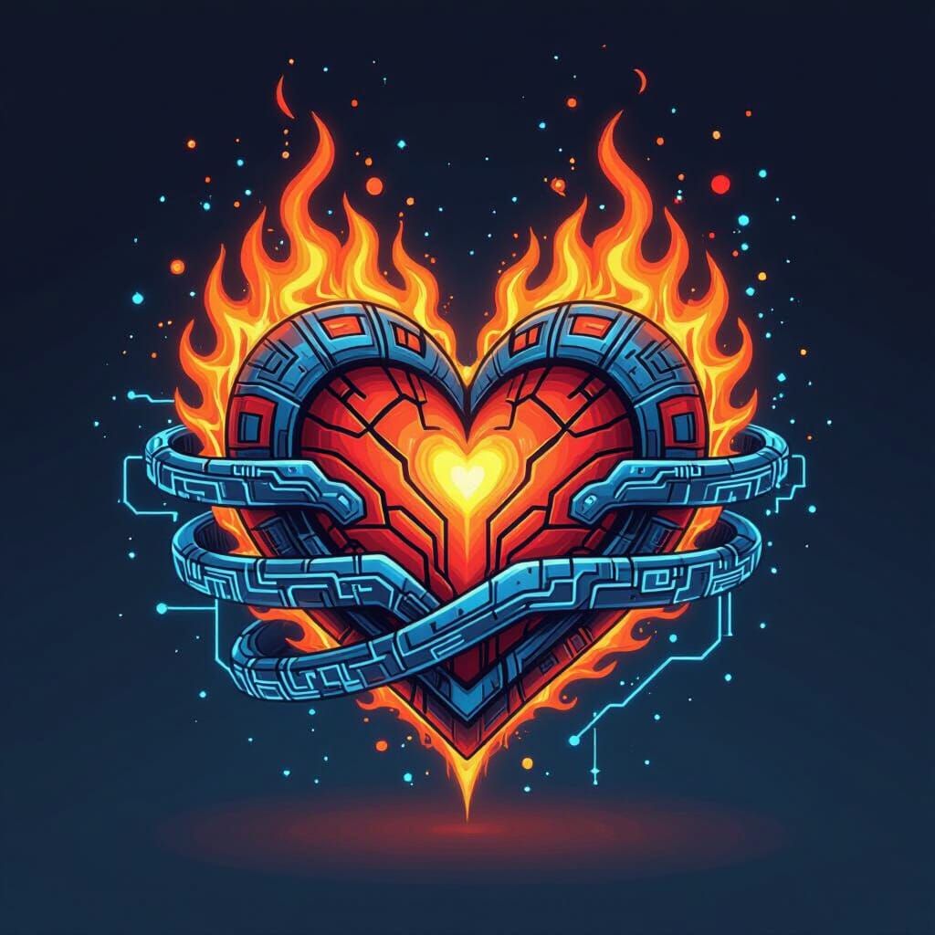 Flaming Tribal Heart Tattoo with Circuit Rings