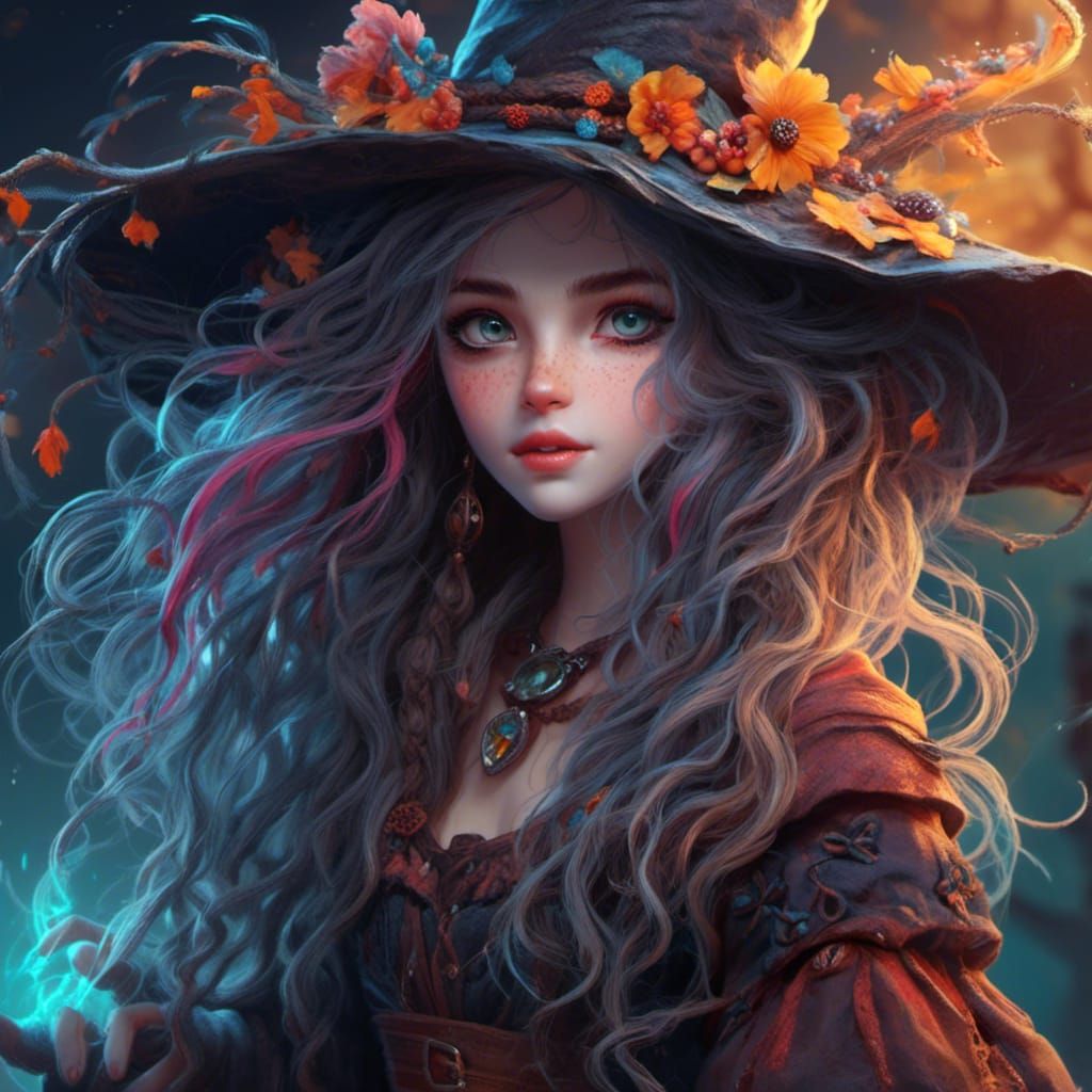 Mischievous Witchling with Braided Hair in Color Painting