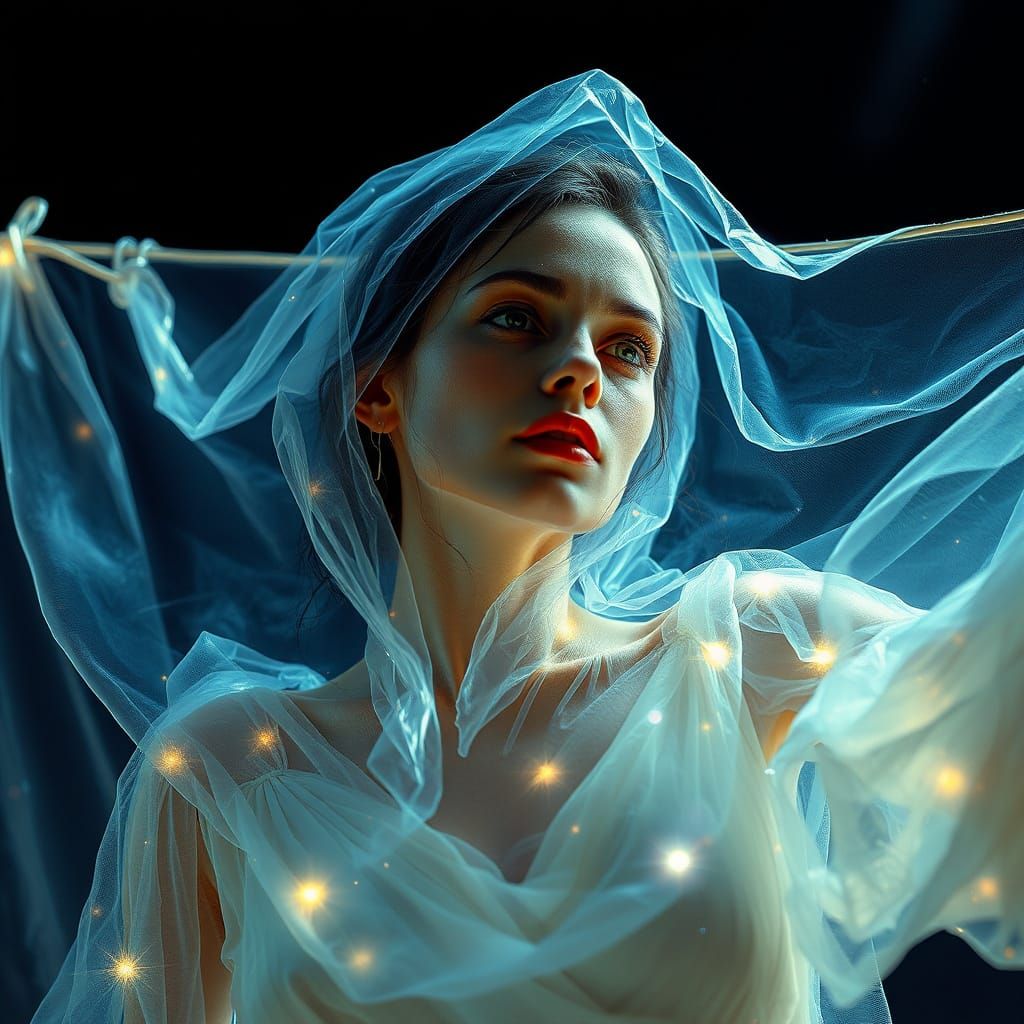 Ghostly Woman Hanging Laundry in Vivid Colors