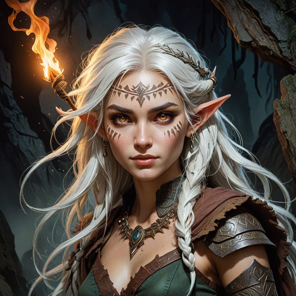 Elf Girl in Earthy, Mysterious Ink and Watercolor Style