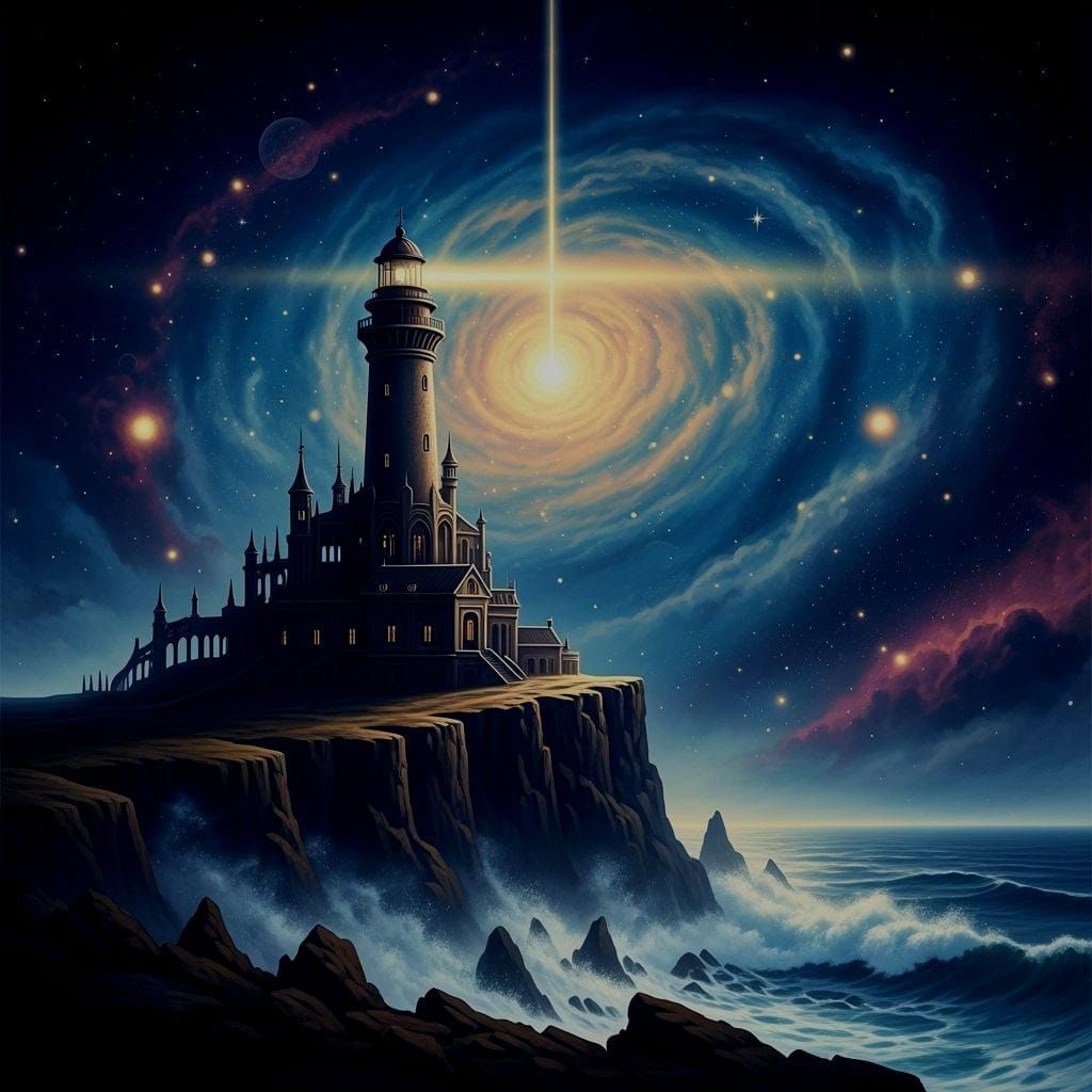 Majestic Lighthouse Overlooking Nebula, Fantasy Concept Art