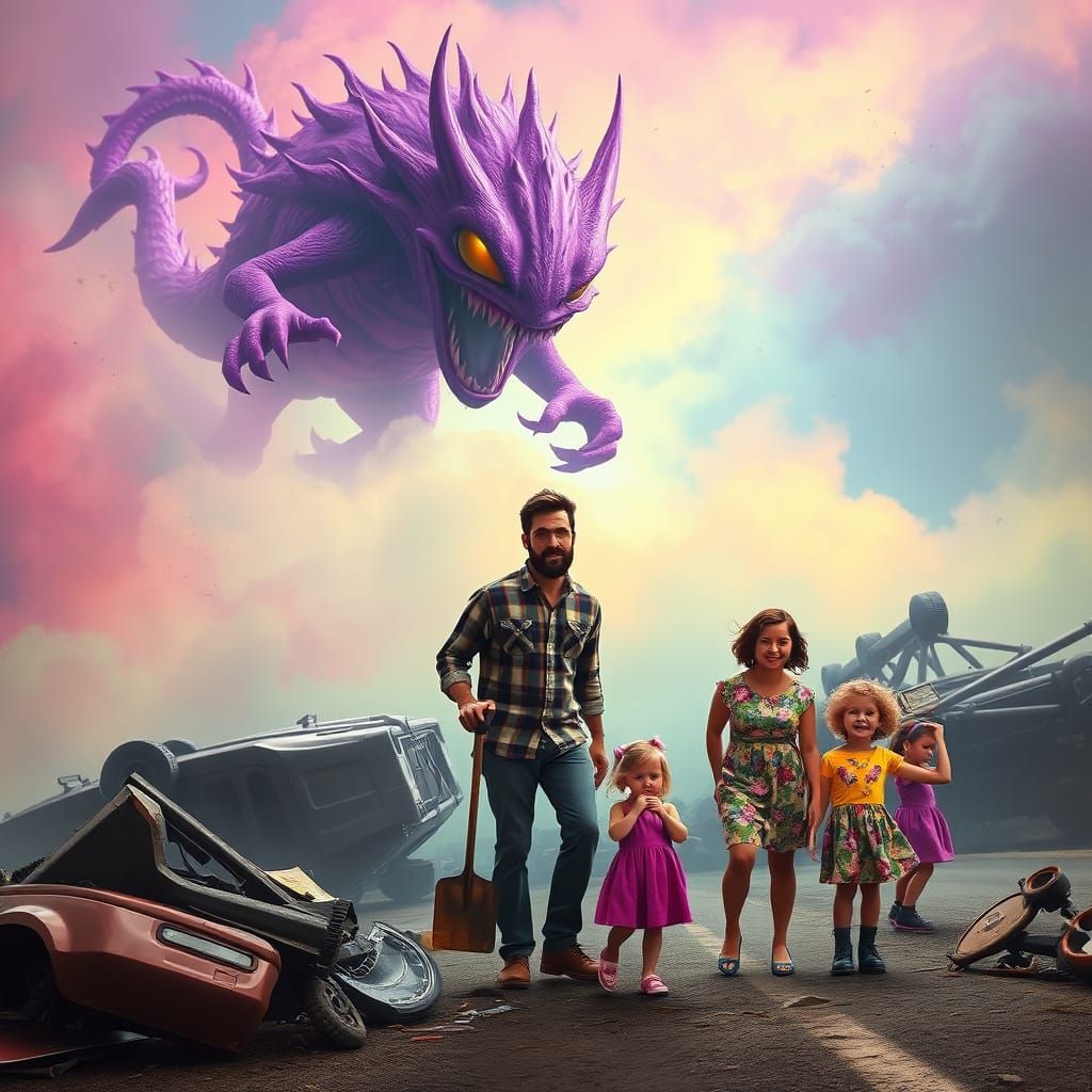 Purple Monster Emerges from Ethereal Fog: Digital Art